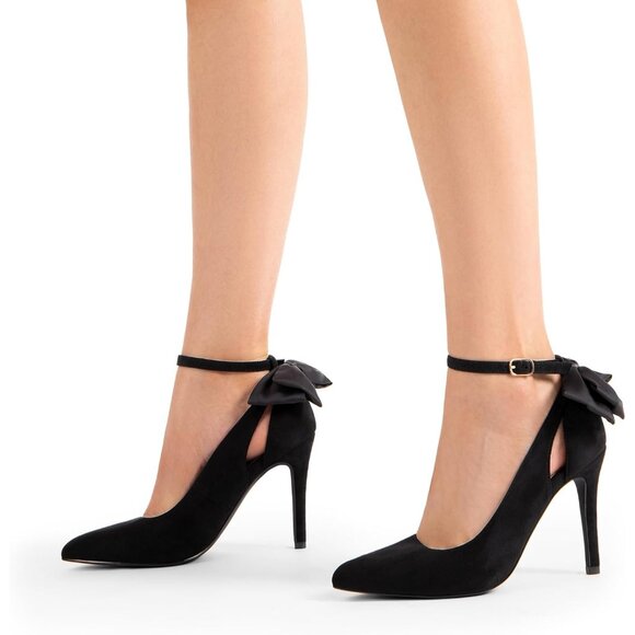Dream Pair Women's Black-suede Faux Suede Strappy Pointed Toe Bow Shoes Pumps - Picture 7 of 7